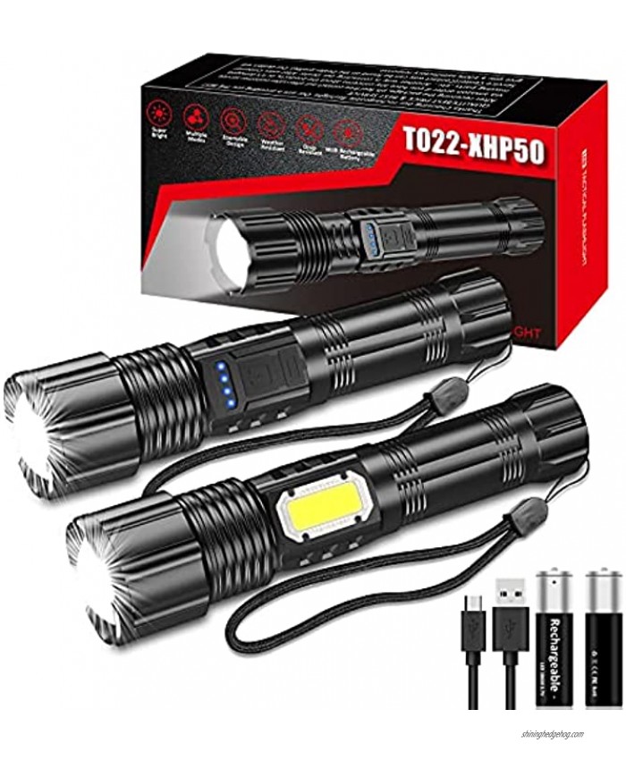 High-Powered Led Flashlight Rechargeable Flashlights Included 18650 Battery Powerful 3000 High Lumens Flashlight with COB Light Zoomable Waterproof 5 Light Modes for Camping Hiking 2 Pack