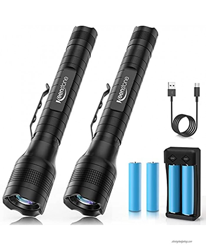 Keenstone Rechargeable LED Flashlights 2 Pack 1500 High Lumens Zoomable 5 Modes Waterproof Tactical Handheld Flashlight for Emergencies or Hiking 4pcs 18650 Battery and Charger Included