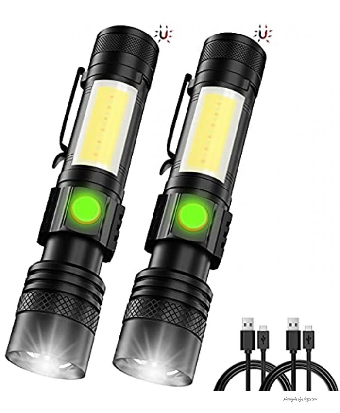 Rechargeable Flashlight,[New Edition LED Flashlight with Red Cob Strobe Light] Mini Small Maglite Flashlights with High Lumens,Waterproof,Zoomable,6 Modes for Hiking,Camping,Emergency2 Pack）