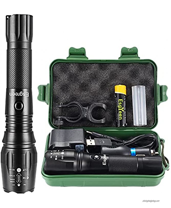 Rechargeable Flashlights High Lumens Esgreen High Power Tactical L2 LED Flash Lights Most Powerful Bike Torch,for Police Camping Hunting 18650 Battery Car Charger  USB Cable  Mount Gift Box
