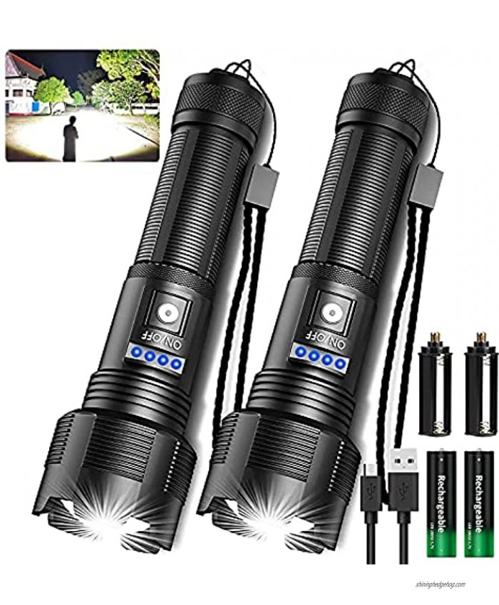 Rechargeable LED Tactical FLashlights High Lumens 8000 Lumens XHP50 Super Bright LED Flashlight with 2200mah Battery Zoomable IPX6 Waterproof 5Modes Powerful Handheld Flashlight for Camping 2PCS