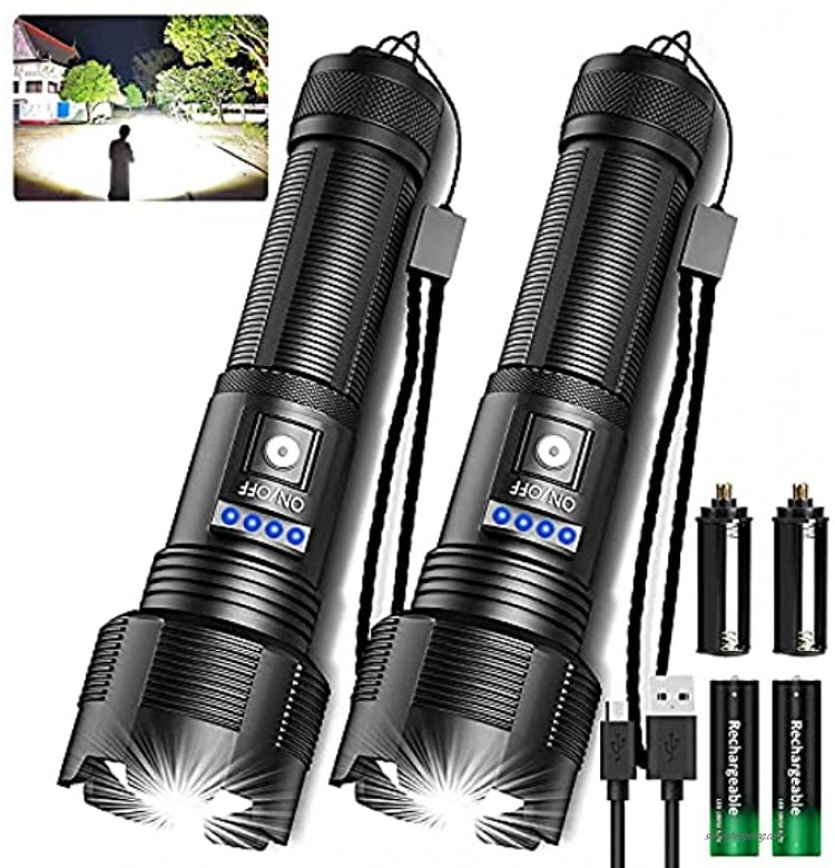 Rechargeable LED Tactical FLashlights High Lumens 8000 Lumens XHP50 Super Bright LED Flashlight with 2200mah Battery Zoomable IPX6 Waterproof 5Modes Powerful Handheld Flashlight for Camping 2PCS