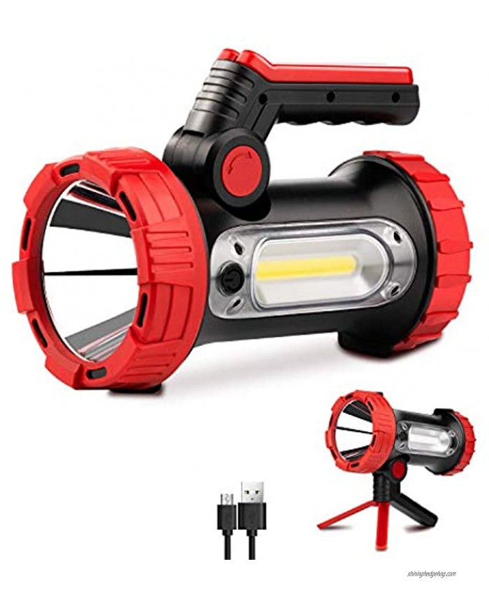 Rechargeable Spotlight 6000Lumens LED Spotlight Flashlight 6 Modes Bright Handheld Large Flashlight with Tripod & Mobile Charger Waterproof Searchlight for Camping Outdoor Hunting Emergency as Gift