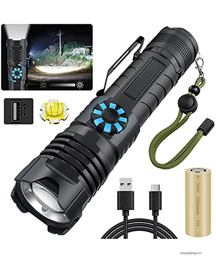 Rechargeable Tactical Flashlights 100000 High Lumens Brightest Powerful LED Flashlight Rotary Dimming High Lumens Zoomable Handheld Flashlight for Outdoor Indoor  Battery Included
