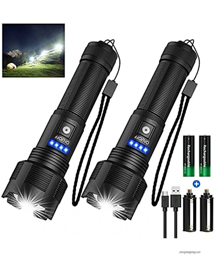 XHP50 Flashlights High Lumens Rechargeable Super Bright Zoomable IPX4 Waterproof LED Tactical Flashlight with 2200mAh Batteries Included Handheld Flashlight for Camping Emergencies