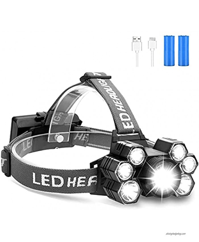 Headlamp Rechargeable LED Head Lamp Bright 9000 Lumens Headlamp Flashlight with 5 Modes Zoomable 90°Adjustable Lightweight Waterproof Headlamps for Adults Outdoors Hunting Fishing Hard Hat Work