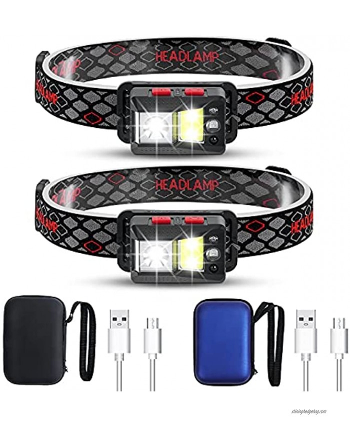 Headlamp Rechargeable Super Bright Motion Sensor led headlamp Consumes Low Power. 18 Modes 2-Pack Waterproof Head Lamp with Red Safety Light Perfect for Running Camping Fishing Hiking and Home