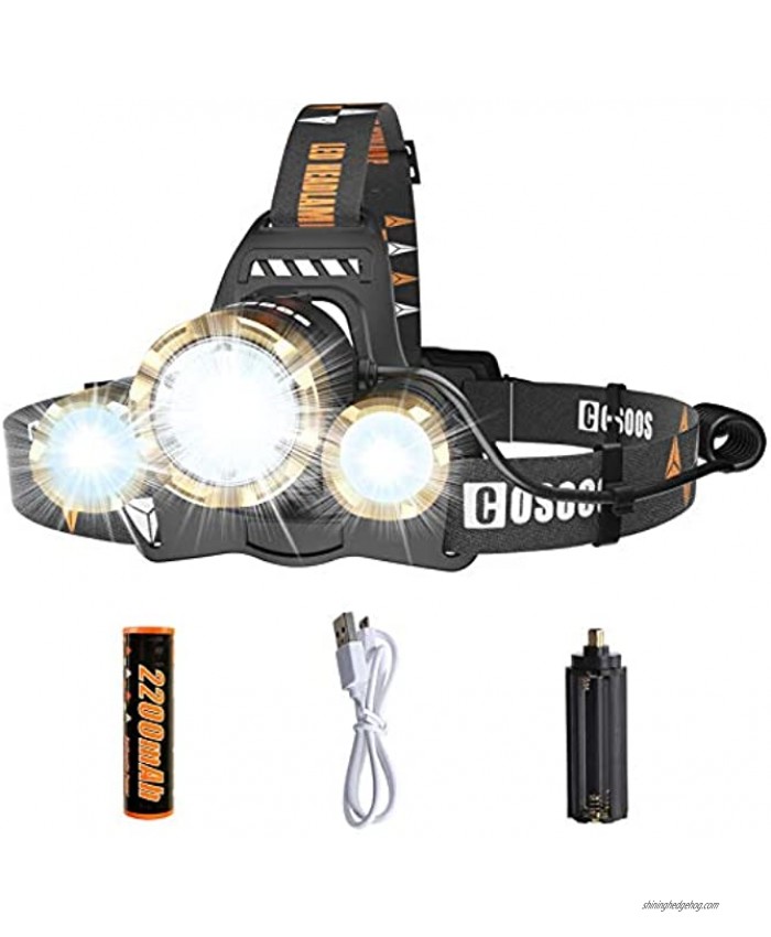 LED Headlamp Flashlight COSOOS Rechargeable Headlamp with Red Safety Light 2500 Lumen Xtreme Bright Zoomable 4-Mode Head Lamp for Adults Hardhat Support AAA Battery Li-ion Battery Included