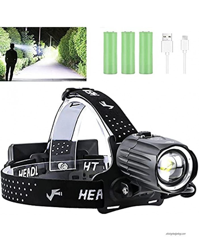 Rechargeable Headlamp 90000 Lumens LED Headlamps for Adults Hunting Headlamp Flashlight with Batteries Included Zoomable 3 Modes Waterproof Headlight for Hunting Running Fishing Biking