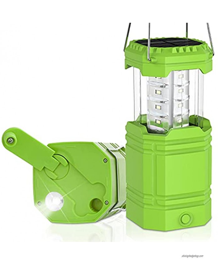 LED Camping Lantern Rechargeable,Flashlight Lantern for Power Outages & Hurricane Storms,Hand Crank USB Solar Powered Lanterns with 3000mAh Power Bank,Waterproof Green