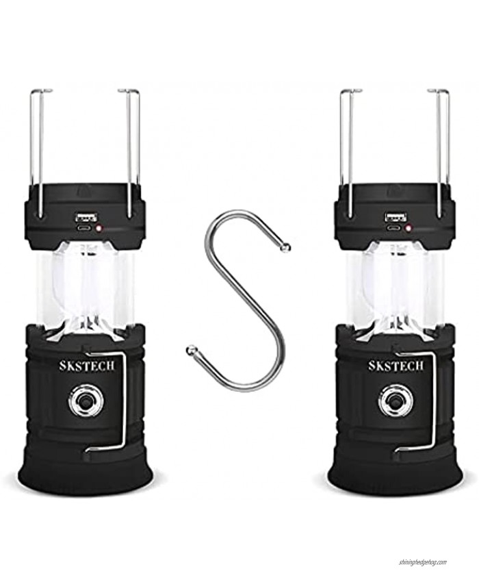 Solar Camping Lanterns 2 Pack Rechargeable LED Flashlights Solar USB Battery Powered Tent Lamp with S Hook Collapsible & Portable Emergency Lights for Power Outage Hurricane Storm FishingBlack