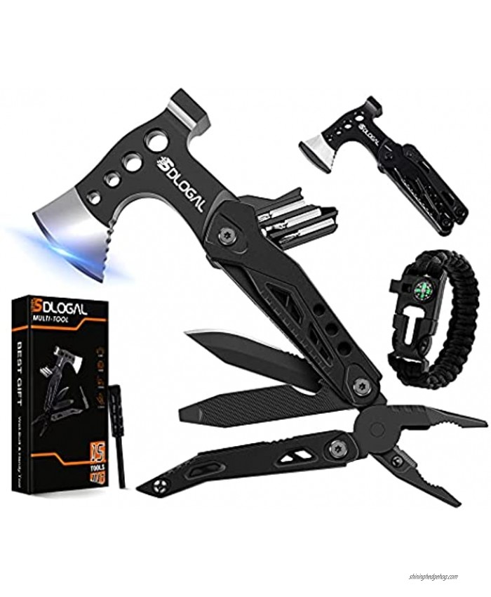 Multitool Camping Accessories 15 in 1 Tool Hatchet with Axe Hammer Saw Screwdrivers Pliers Wire Cutter,5-in-1 Paracord Bracelet Anniversary Birthday Cool Stuff Gifts for Dad Man Boyfriend Him Husband