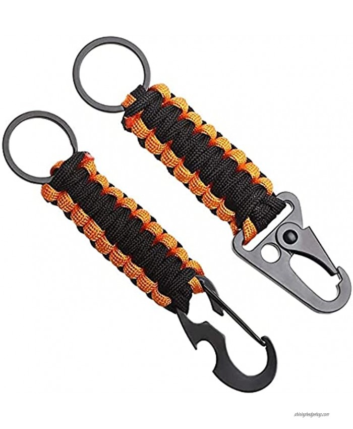 G&N 2 Pcs Outdoor Keychain Ring Camping Carabiner Military Paracord Cord Rope Camping Survival Kit Emergency Knot Bottle Opener Tools Black Orange