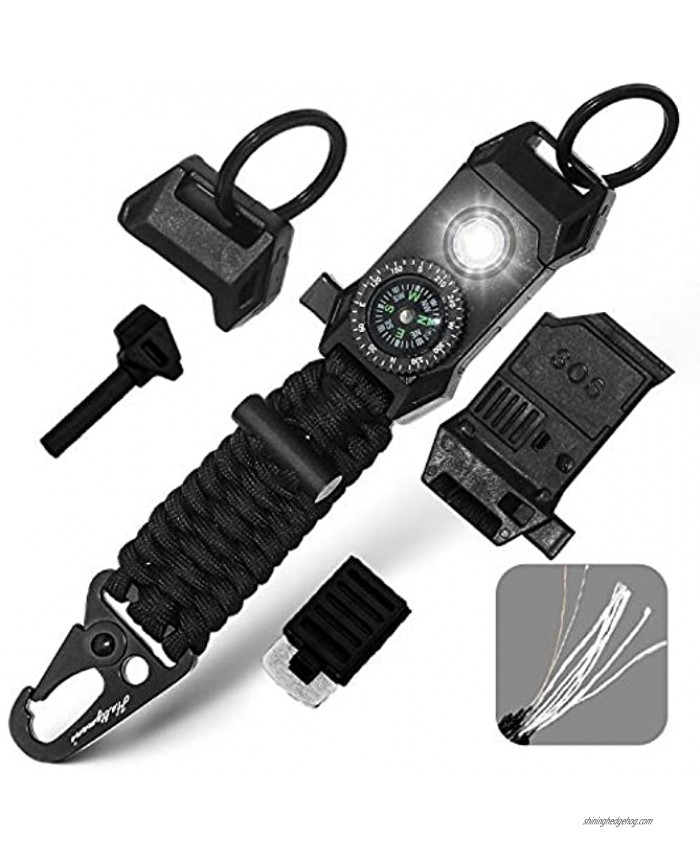 Men's Keychain | 11-in-1 LED Carabiner Lanyard Key Chain Fires Starter for Camping Fishing Hunting & Outdoor Emergencies Multipurpose Survival Tool Emergency Whistle Flint Rod Cutting Tool
