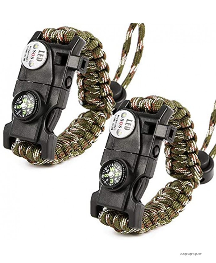 PROLOSO 2 Pcs Emergency Paracord Bracelets 20 in 1 Adjustable Survival Gear Kit SOS LED Flashlights Flint Fire Starter Whistle Compass & Scraper Wilderness Survival Gear