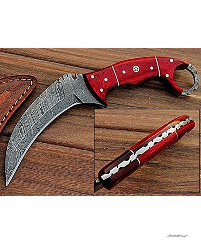 Custom Made Orange Wood Handle Full Tang Karambit Damascus Steel Hunting Knife W Case Prime Quality Blade