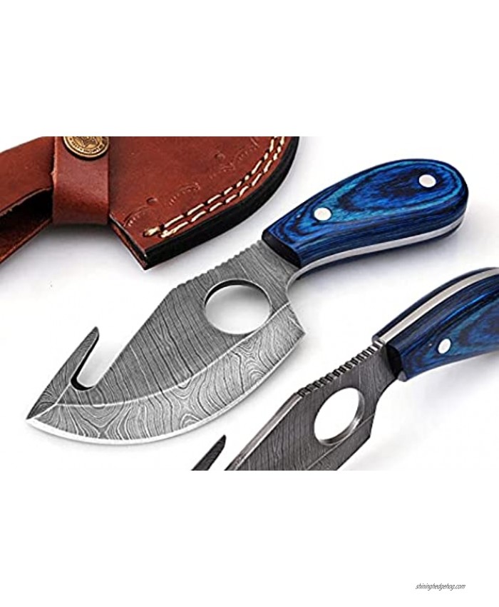 Handmade Damascus Steel Fixed Blade Skinning Hunting Knife With Gut Hook Best For Outdoor Camping Skinner Deer Fishing Hiking Edc Survival Knives For Men Blue