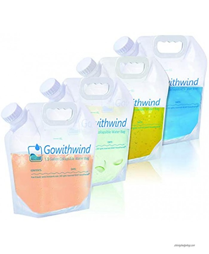 Gowithwind Premium Collapsible Water Container Bag BPA Free Food Grade Clear Plastic Storage Jug for Camping Hiking Backpack Emergency No-Leak Freezable Foldable Water Bottle 1.3gal+2.6gal4pack White