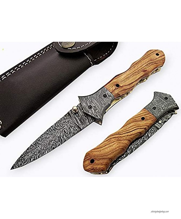 FN-16 Custom Handmade Damascus Steel 8.4 Inches Folding Knife Beautiful Olive Wood with Damascus Steel Bolsters