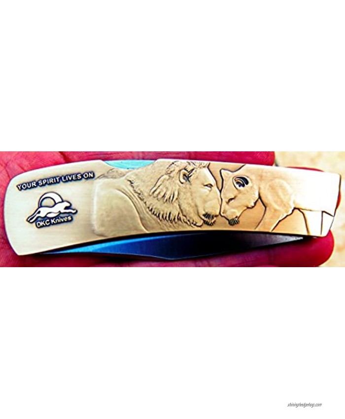 DKC-1100-B Cecil The Lion Knife Custom Hand Engraved Minted in Antique Brass 4.5 oz 6.75 Long Open 2 7 8 Blade 4 Closed Mint Series