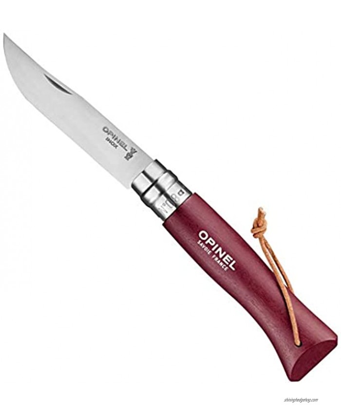 Opinel Colorama Series No. 8 Stainless Steel Everyday Carry Folding Pocket Knife with Leather Strap Painted Hornbeam Handles