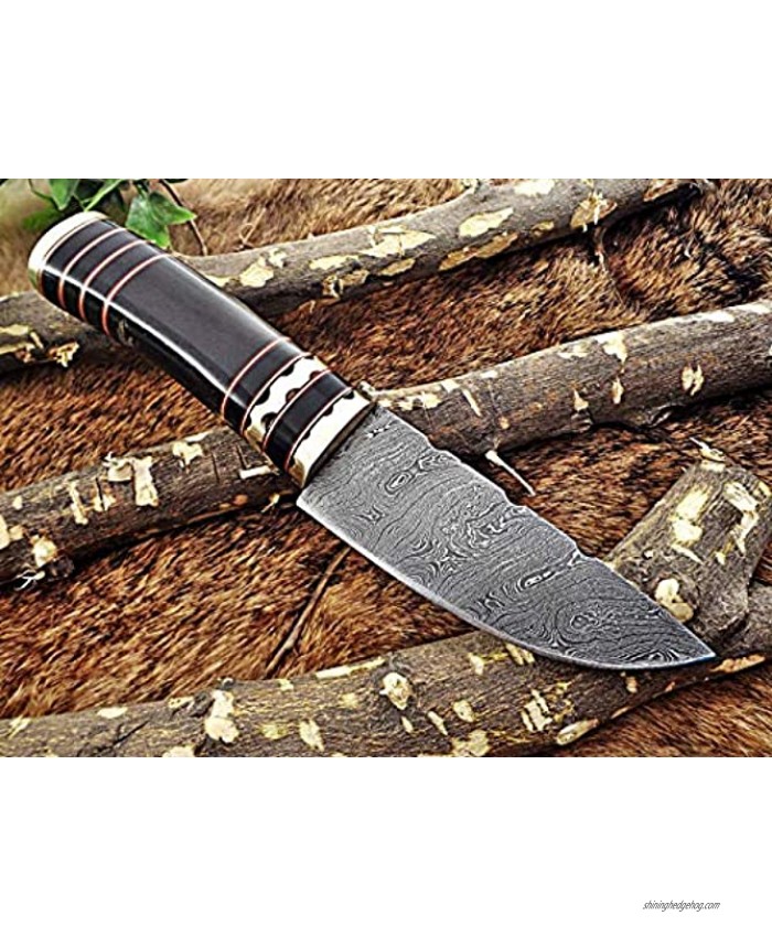 9.5 Long Damascus Steel Skinning Knife Hand Forged Twist Pattern Damascus Steel Bull Horn Round Scale Crafted with Engraved Brass Spacer & Cap Thick Cow Hide Leather Sheath