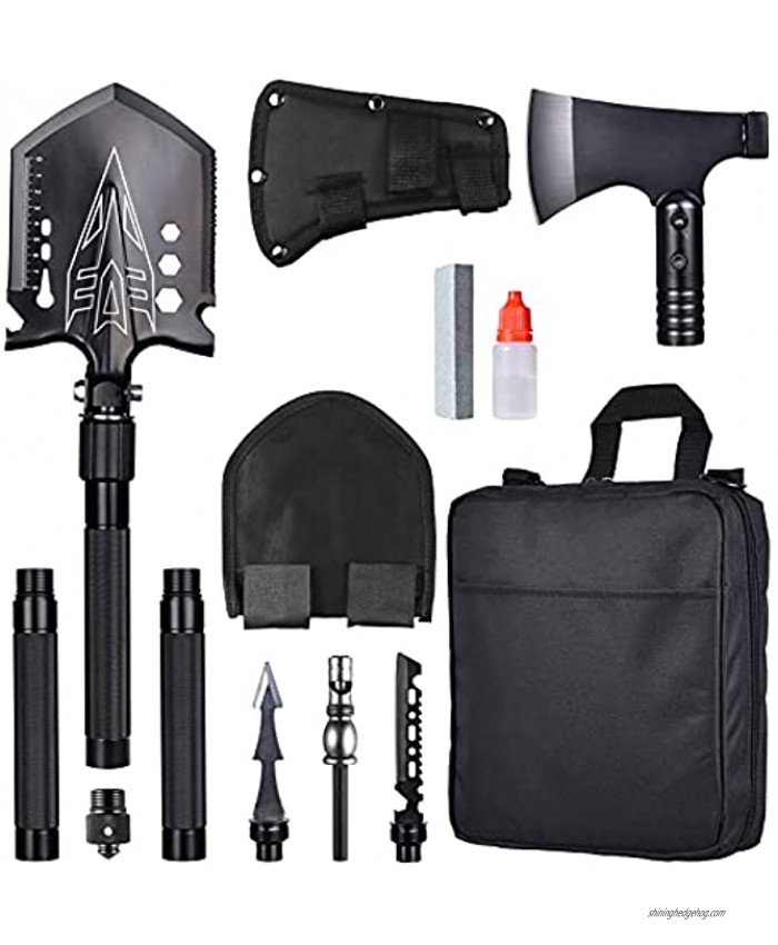 Survival Shovel Axe Set-Multifunctional Camping Axe Shovel Sets High Carbon Steel Tactical Shovel and Axe Combination 3 Thicken Extension Handles 20-30.7 Inch Gear and Equipment for Hiking Camping