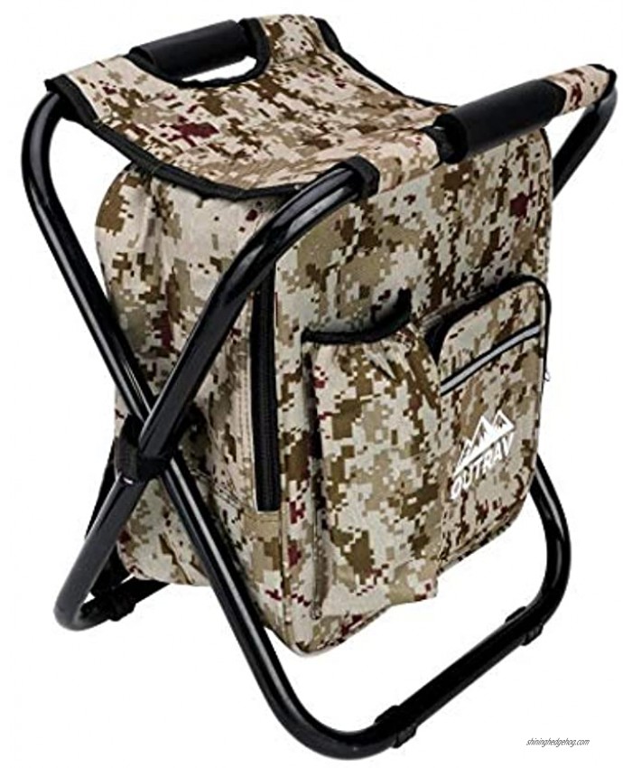 Camo Backpack Cooler and Stool Collapsible Folding Camping Chair and Insulated Cooler Bag with Zippered Front Pocket and Bottle Pocket – for Hiking Beach and More by Outrav