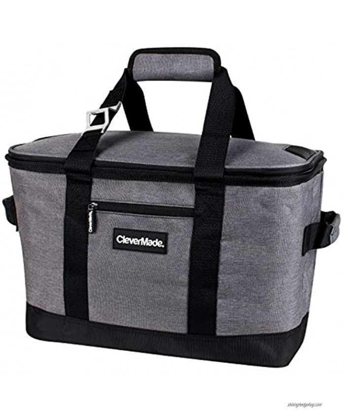 CleverMade Collapsible Cooler Bag: Insulated Leakproof 50 Can Soft Sided Portable Cooler Bag for Lunch Grocery Shopping Camping and Road Trips Heather Grey Black