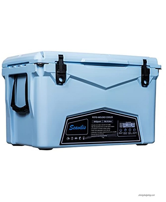Seavilis Heavy Duty Camping Cooler 60qt Sky Blue Including $50.0 Free Accessories Hanging Wire Basket,Divider and Cup Holder are Free