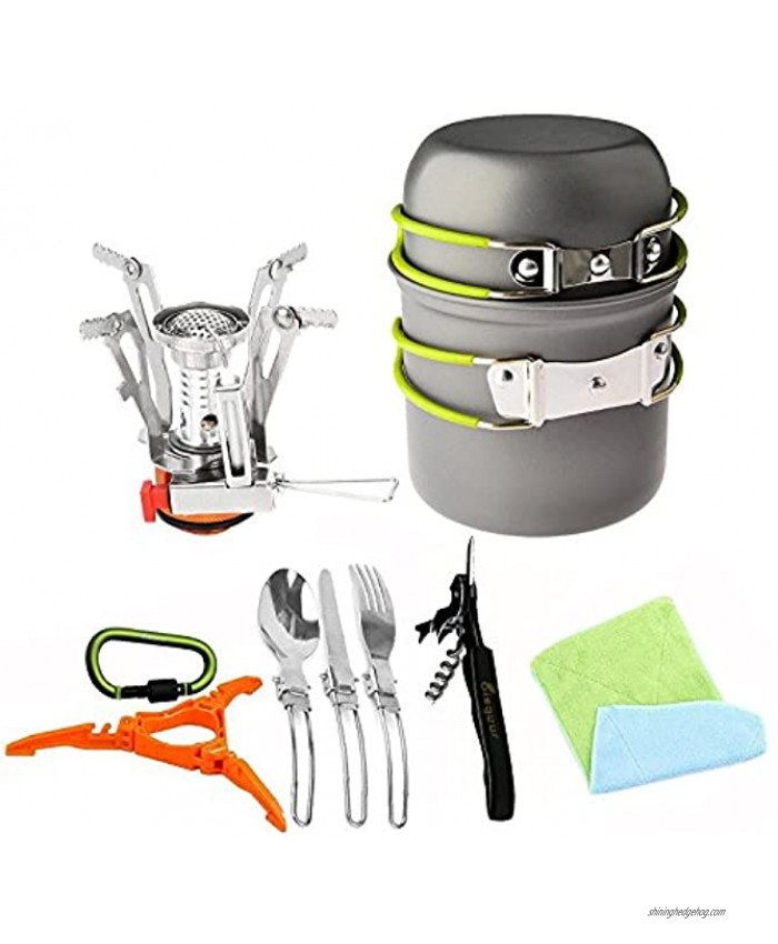 Bisgear 12pcs Camping Cookware Stove Canister Stand Tripod Folding Spork Wine Opener Carabiner Set Outdoor Camping Hiking Backpacking Non-Stick Cooking Non-Stick Picnic Knife Spoon Dishcloth
