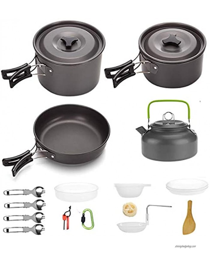 Bisgear Camping Cookware Mess Kit FamilySet Backpacking Cooking Bowl Plates Non Stick Pot Frying Pan Camp Kitchen Cook Gear with 4 Forks Carabiner Fire Starter for Outdoors Hiking