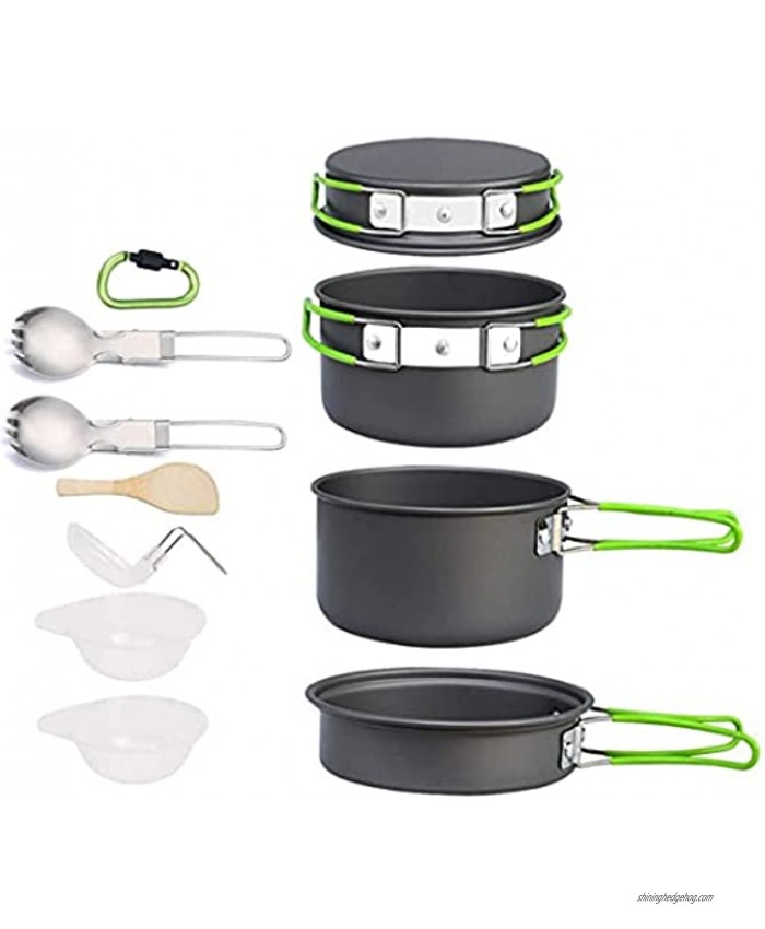 Bisgear Camping Cookware Pots and Pans Set Mess Kit Backpacking Gear Cooking Equipment 14 Piece Cookset Outdoors Bug Out Bag Hiking Bowl Fork Fire Starters Carabiner for 2 Person