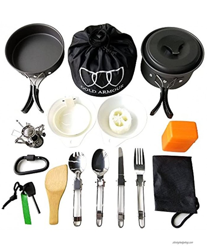 Gold Armour 17 Pieces Camping Cookware Mess Kit Backpacking Gear and Hiking Outdoors Bug Out Bag Cooking Equipment Cookset | Lightweight Compact Durable Pot Pan Bowls Black