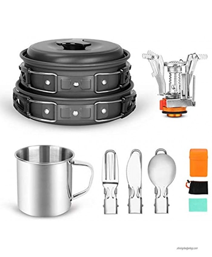 Odoland 10pcs Camping Cookware Mess Kit with Stove Pot Pan Bowls Sporks Cup Set for Backpacking Camping Outdoor Hiking and Survival Lightweight and Durable