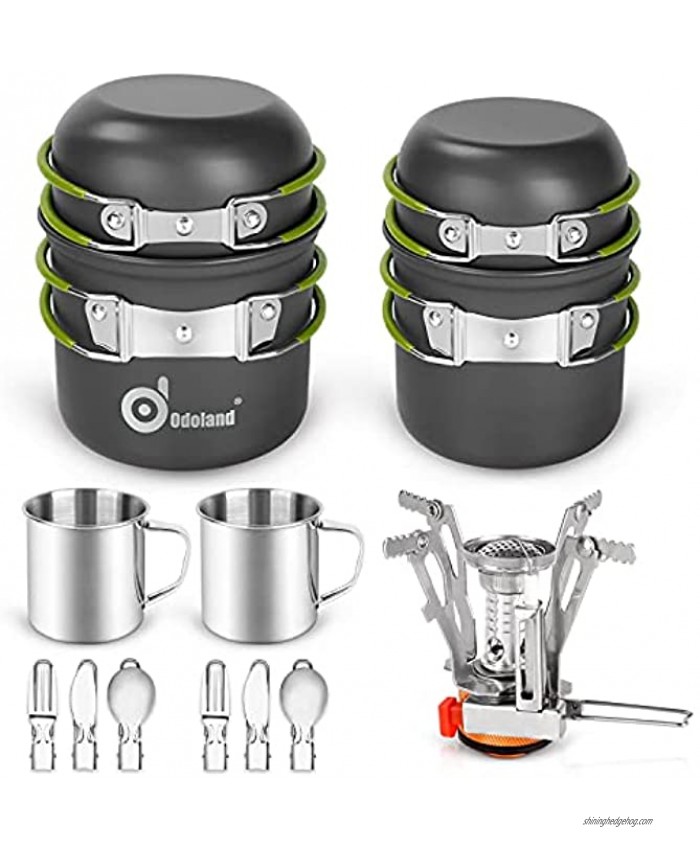 Odoland 16pcs Camping Cookware Mess Kit Lightweight Pot Pan Mini Stove with 2 Cups Fork Spoon Kits for Backpacking Outdoor Camping Hiking and Picnic