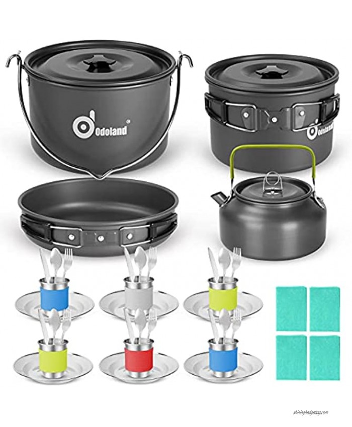 Odoland 39pcs Camping Cookware Mess Kit for 6 and more Large Size Hanging Pot Pan Kettle with Base Dinner Cutlery Sets Cups Dishes Forks Spoons Kit for Outdoor Camping Hiking and Picnic