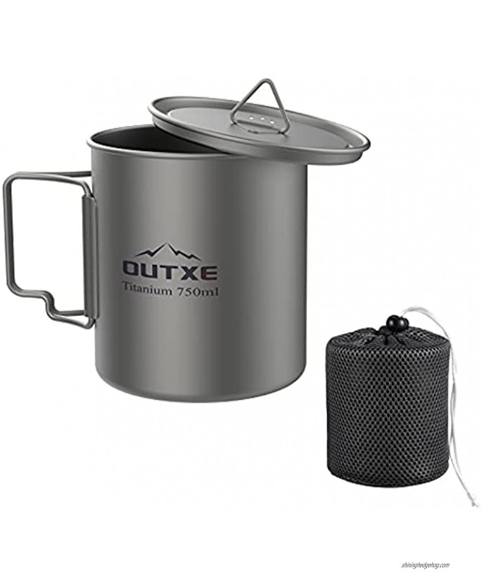 OUTXE Titanium Pot 750ml with Lid Ultralight Titanium Mug Foldable Handle Eco-Friendly Cup for Backpacking Hiking Outdoors