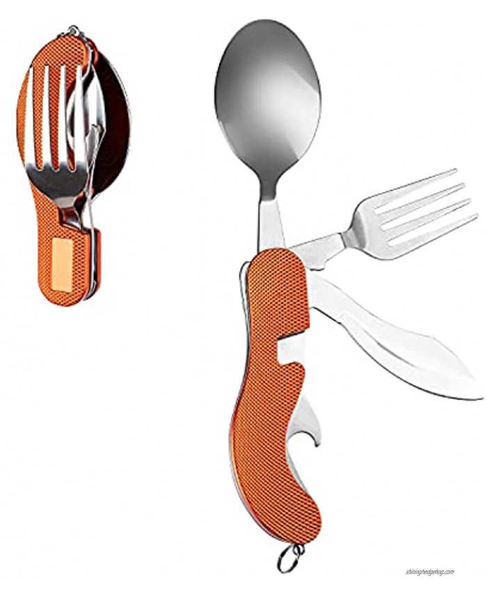 Camping Utensils 4-in-1 Stainless Steel Spoon Fork Knife & Bottle Opener Combo Folding Cutlery Set for Backpacking Hiking Survival Camping TravelOrange ,1PCS
