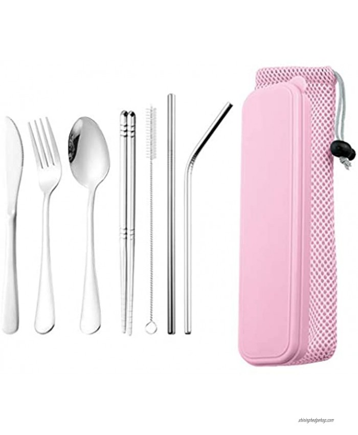 DZRZVD Portable Utensils Travel Camping Cutlery Set 8-Piece including Knife Fork Spoon Chopsticks Cleaning Brush Straws Portable Case Stainless Steel Flatware set 8-piece Silver