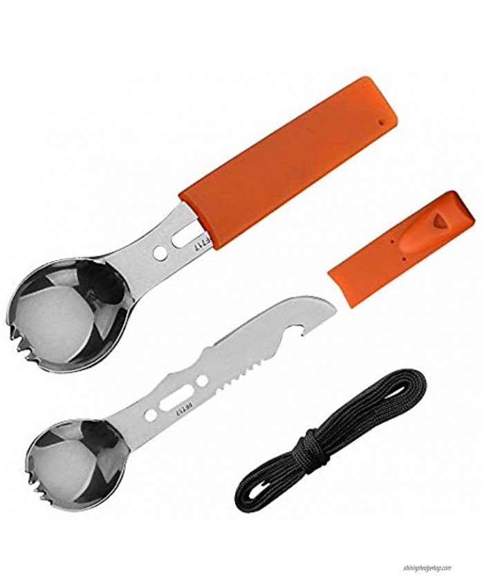 Multi-Function Portable Camping Tool,Stainless Steel Fork Spoon Knife Combo Utensil with Bottle Opener Emergency Whistle Saw Tooth Blade Rope Survival Multitool for Hiking Hunting Silver-Orange