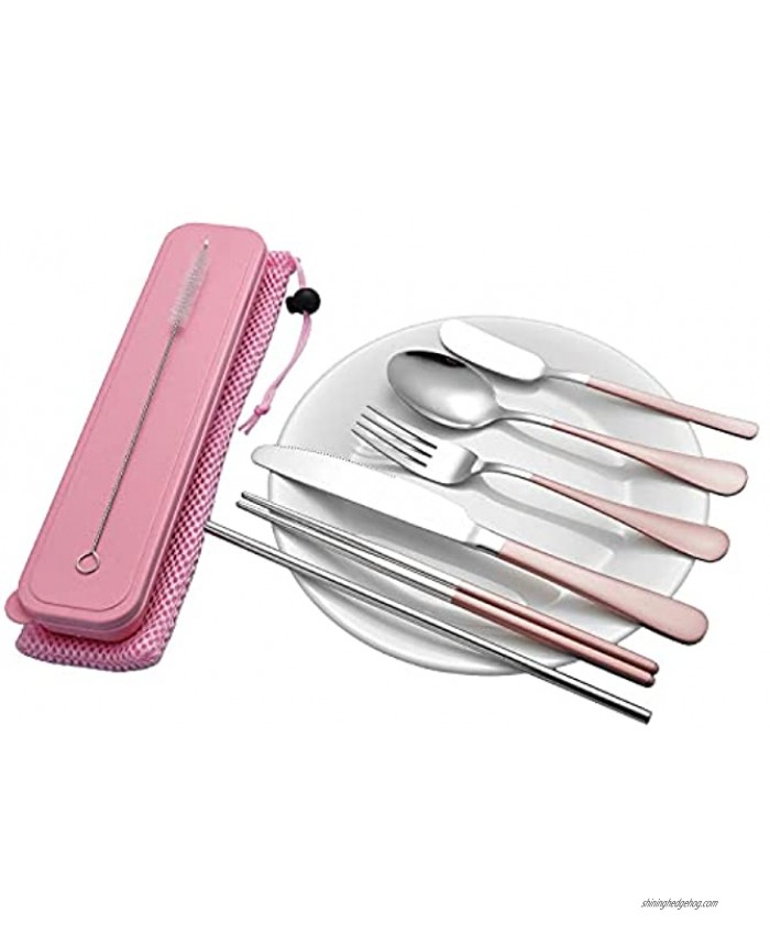 Portable Travel Utensils Reusable Stainless Steel Flatware Set Cutlery Including Knife Fork Spoon Chopsticks Cleaning Brush Straws for Camping Lunch Workplace School Picnic8-piece Pink Silver