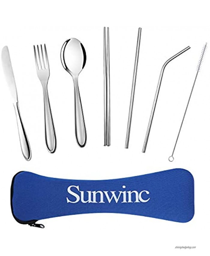 Sunwinc Camping Silverware Portable Utensils Set,8Pcs Reusable Travel Flatware Cutlery Set,Stainless Steel Knife Fork Spoon Chopsticks Straws Cleaning Brush with Neoprene Case