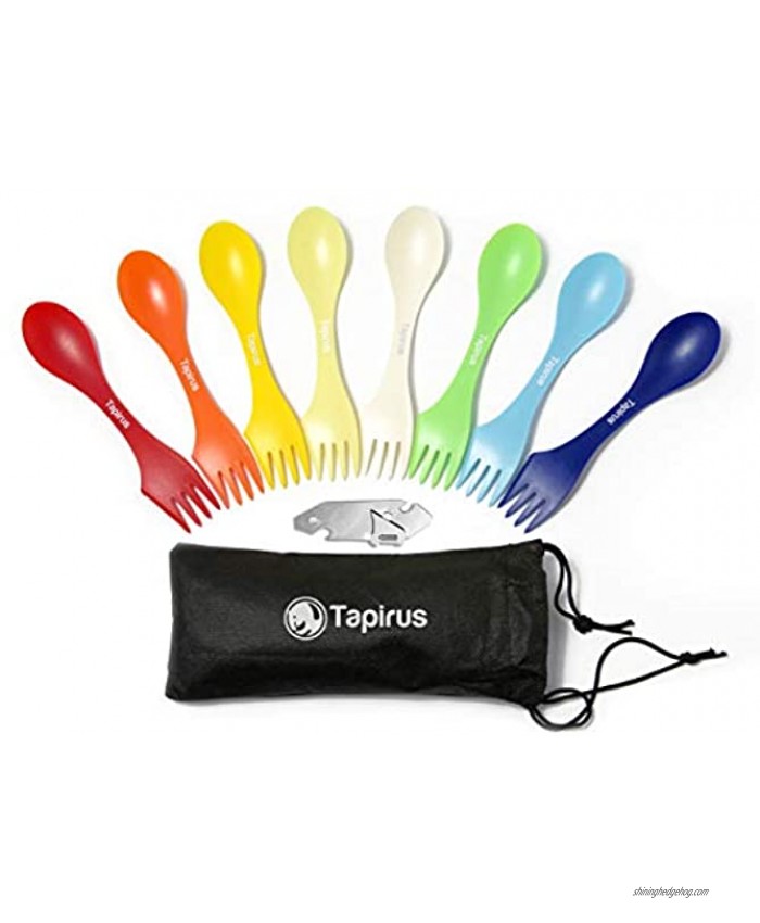 Tapirus Spork to Go V8 Set 8 Colorful Durable and BPA Free Sporks Spoon Fork and Knife Combo Utensils Flatware Mess Kit for Camping and Outdoor Activities with Bottle Opener and Carrying Case