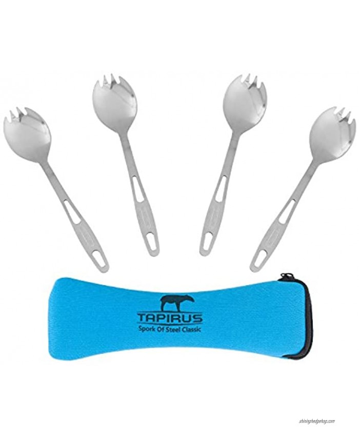 Tapirus Stainless Steel Classic Sporks Set of 4 Save Space When Camping Hiking or Backpacking Heavy Duty Fire Proof Metal Tool Long Handle Reusable and Extra Light for Travel with Case