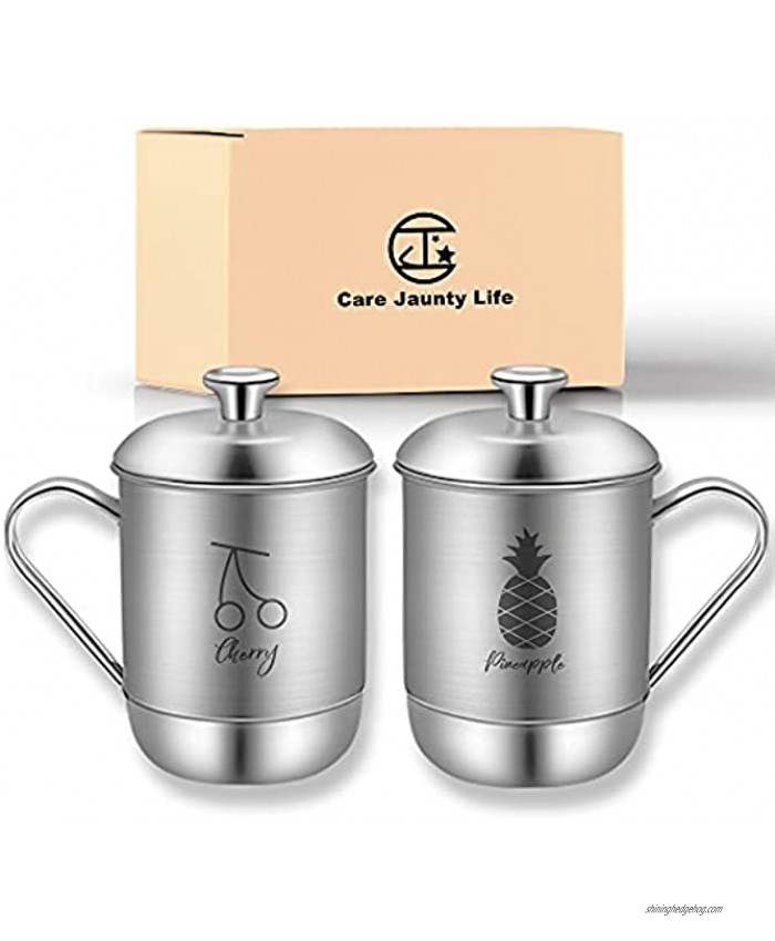 CJL 13.5oz 400ml Double Walled 304 Stainless Steel Cups Camping Coffee Mugs Metal Tea Cups with cup lid，More User-Friendly handle，for Home Travel RV or Gift，Dishwasher Safe Set of2（Cherry & Pineapple）