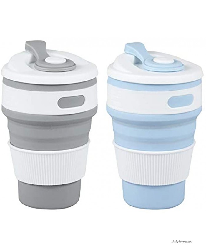 MommyLove 2Pack Collapsible Coffee Cups for Travel ,12 oz Reusable Silicone Collapsible Cups with Lid for Camping -GrayBlue