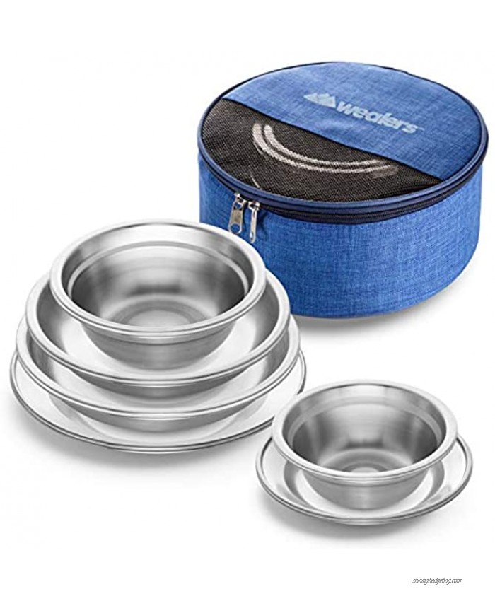 Wealers Stainless Steel Plates and Bowls Camping Set Small and Large Dinnerware for Kids Adults Family | Camping Hiking Beach Outdoor Use | Incl. Travel Bag 12-Piece Kit