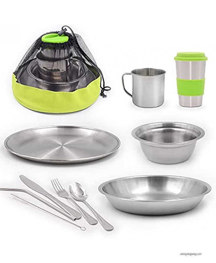 HIKPEED 10-Piece Camping Mess Kit Stainless Steel Camping Dishes Set Dinnerware for 1-2 Person Utensils Tableware with Cups Plates Bowl Cutlery Mesh Bag for Backpacking Hiking Picnic RV Travel