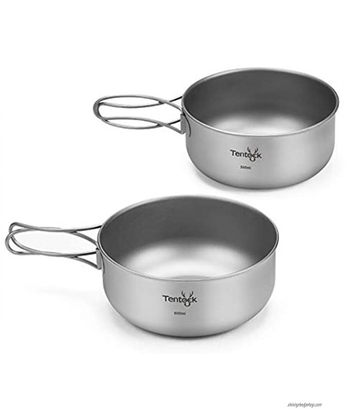 Tentock Titanium Bowls Portable Titanium Pot Dinner Pan Ultralight Camping Cookware 2-Piece Set Outdoor Backpacking Dishes Multifunctional Tableware with Folding-Handle for Hiking Travel Picnic
